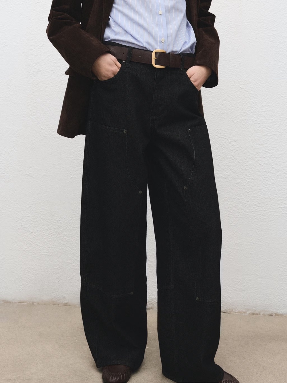 MANGO Barrel Double Knee Patchfront Carpenter Jeans in Black